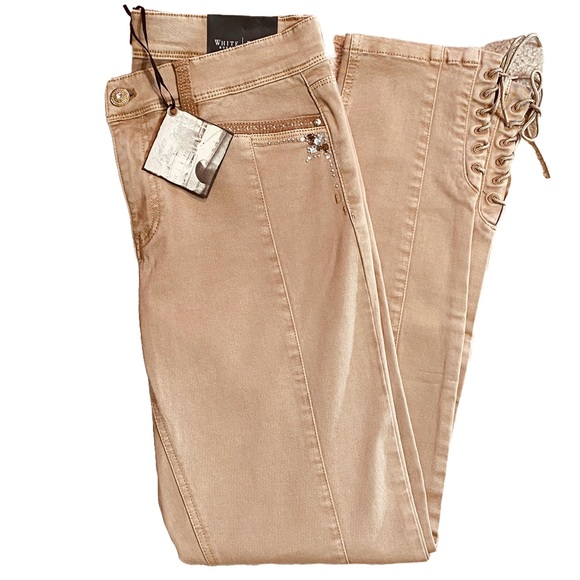 NWT WHBM Saint Honore Western rhinestone embellished lace up ankle skinny tan 10 - Picture 5 of 14